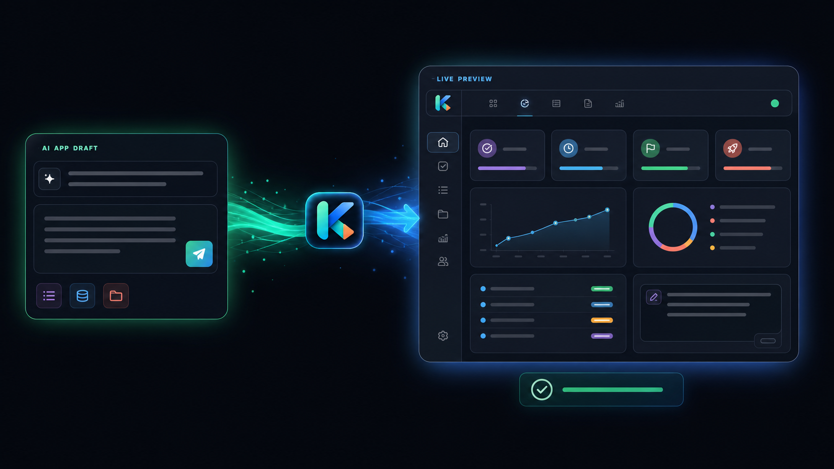 A colorful KopraCode AI app draft flowing into a polished live project-dashboard preview