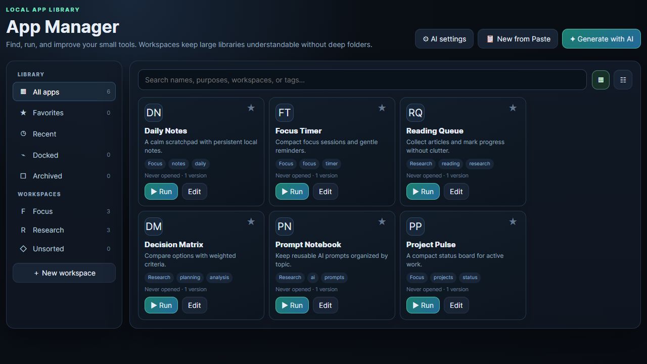 App Manager with six compact HTML tools arranged in Focus and Research workspaces