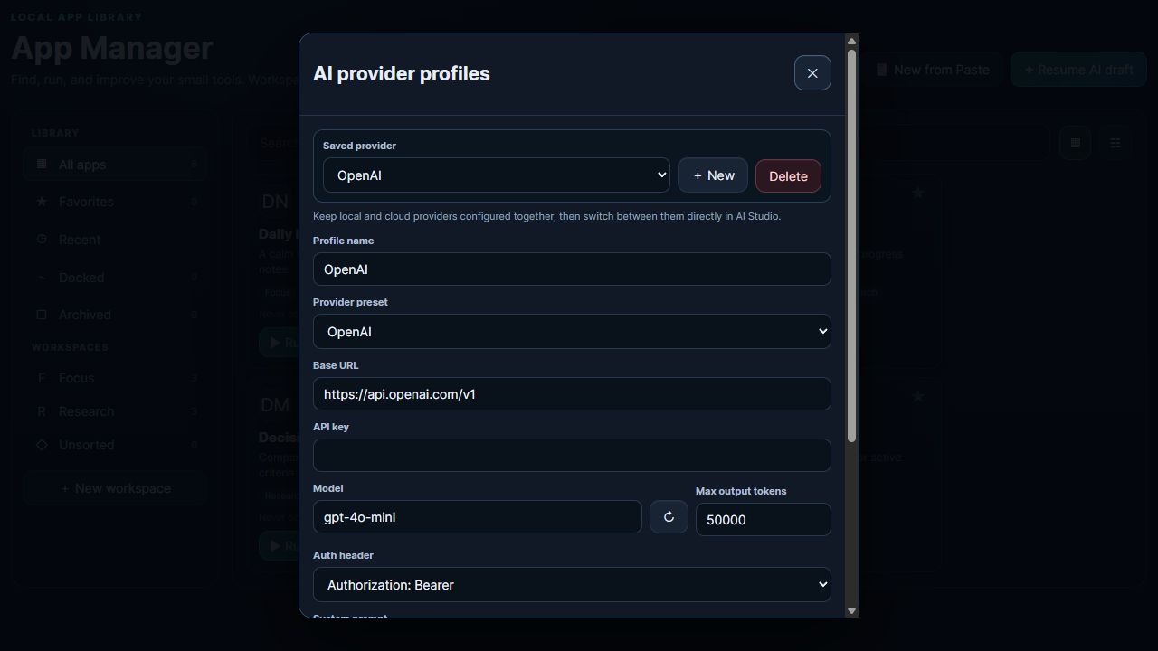 AI provider profiles dialog configured for an OpenAI-compatible provider