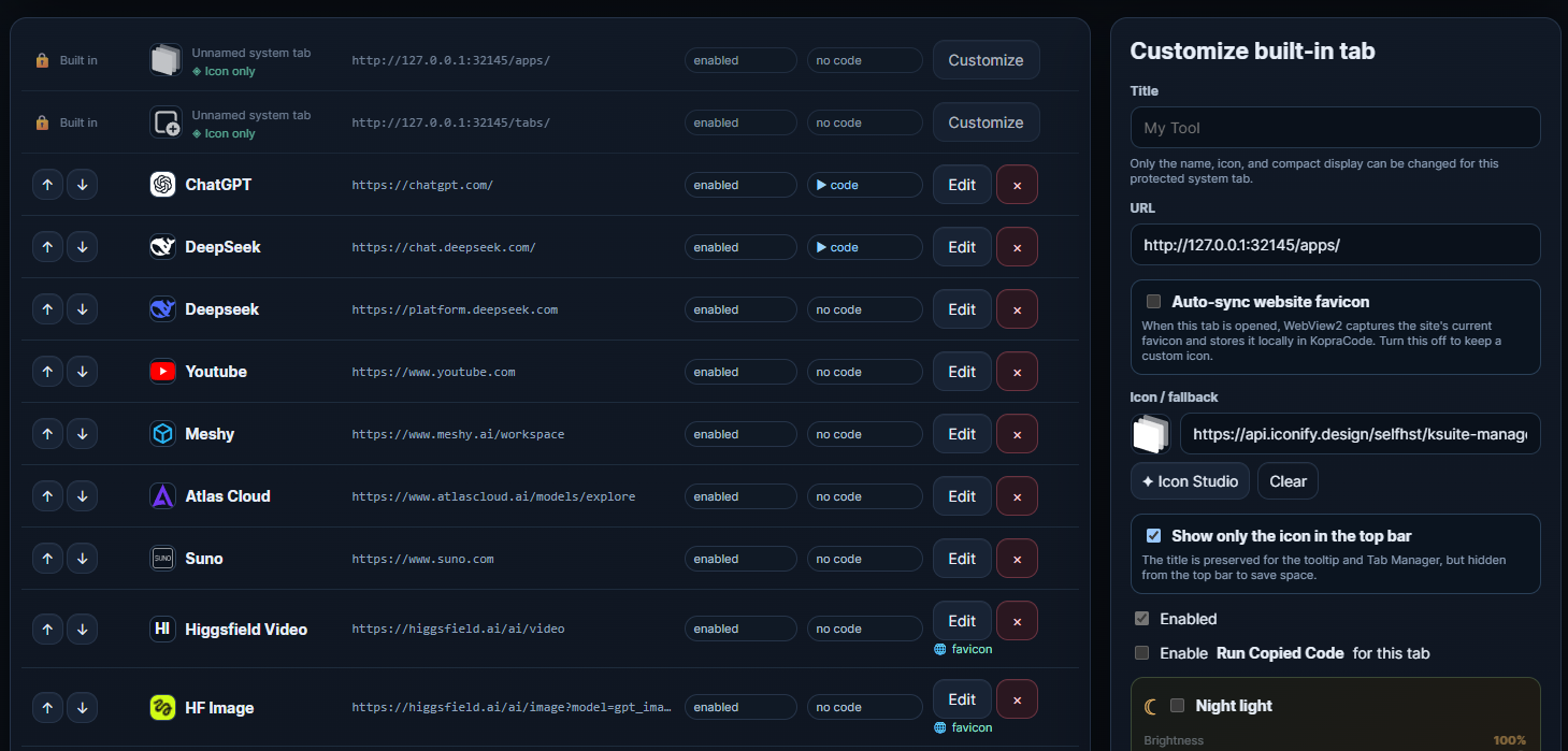 Tab Manager site list with built-in App Manager and Tab Manager icons, web favicons, and appearance controls