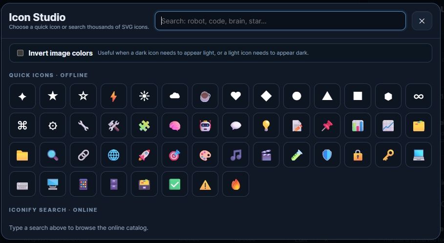 Icon Studio with color inversion, quick offline icons, and online Iconify search